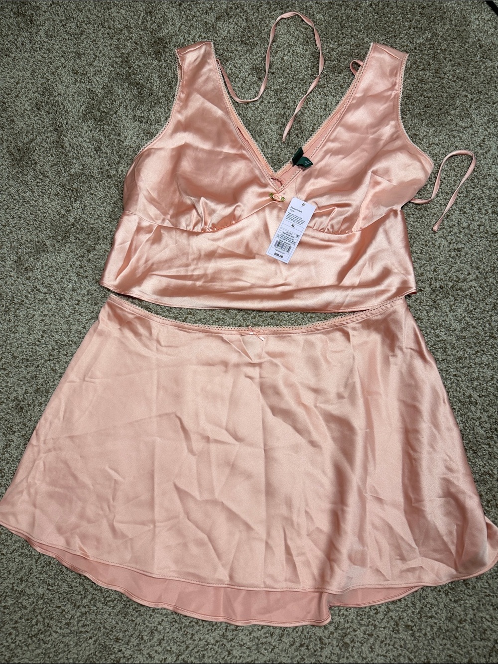 Satin V-Neck Crop Cami & Skirt Set - Blush Pink